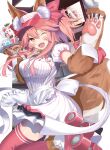  1girl animal_ear_fluff animal_ears animal_hands bangs bell blush bow breasts collar dress fate/extra fate/grand_order fate_(series) fox_ears fox_girl fox_tail gloves hair_between_eyes hair_bow jingle_bell large_breasts long_hair looking_at_viewer lostroom_outfit_(fate) neck_bell neko_daruma one_eye_closed open_mouth parfait paw_gloves pink_hair pink_legwear ponytail puffy_short_sleeves puffy_sleeves red_bow roller_skates short_sleeves sidelocks skates smile solo tail tamamo_(fate) tamamo_cat_(fate) thighhighs tray visor_cap white_dress yellow_eyes 