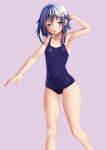  1girl :o alternate_costume amano_miyako arm_behind_head arm_up armpits ass_visible_through_thighs bangs blue_eyes blue_hair blue_swimsuit blunt_ends blush cameltoe chestnut_mouth collarbone commentary_request covered_navel crescent crescent_hair_ornament eyebrows_visible_through_hair feet_out_of_frame flat_chest gradient gradient_background grey_background hair_between_eyes hair_ornament highres kantai_collection legs legs_apart looking_at_viewer narrow_waist one-piece_swimsuit open_mouth outstretched_arm school_swimsuit shiny shiny_hair shiny_skin short_hair short_hair_with_long_locks sidelocks solo standing swimsuit wet yayoi_(kancolle) 