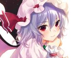  1girl blue_hair blush closed_mouth eyebrows_visible_through_hair hat kirisita lips looking_at_viewer mob_cap puffy_sleeves red_eyes remilia_scarlet smile solo touhou upper_body wings 