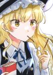  1girl bangs blonde_hair eyebrows_visible_through_hair food hair_between_eyes highres kirisame_marisa long_hair pocky pocky_day solo touhou upper_body yurara_(aroma42enola) 