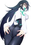  1girl ass ass_grab bangs belt black_bodysuit black_hair bodysuit breasts cropped_jacket expressionless from_behind from_below grabbing_own_ass green_eyes gundam gundam_build_divers gundam_build_divers_re:rise hair_between_eyes highres jacket kippuru large_breasts long_hair long_sleeves looking_at_viewer looking_back loose_belt may_(gundam_build_divers_re:rise) simple_background solo spread_ass very_long_hair white_background white_jacket 