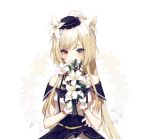  1girl animal_ear_fluff animal_ears arknights black_dress black_headwear blonde_hair blue_eyes blush bouquet cat_ears covering_mouth dress eyebrows_visible_through_hair flower hair_flower hair_ornament hat heterochromia highres holding holding_bouquet long_hair looking_at_viewer meng_ziya mini_hat nightmare_(arknights) nightmare_(light_and_shadow)_(arknights) off-shoulder_dress off_shoulder official_alternate_costume ponytail red_eyes simple_background solo two-tone_dress white_background white_dress white_flower 