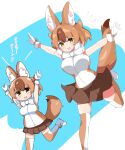  1girl :3 animal_ears berusa_(berutoo) blush breasts brown_eyes brown_hair brown_legwear brown_skirt dhole_(kemono_friends) eyebrows_visible_through_hair gloves highres kemono_friends large_breasts looking_at_viewer multicolored_clothes multicolored_hair multicolored_legwear open_mouth pleated_skirt short_hair skirt smile tail thighhighs translated white_gloves white_legwear 