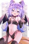  1girl animal_ears bangs bare_shoulders bat_ears bat_wings bikini bikini_skirt black_bikini black_gloves black_legwear breasts d_omm elbow_gloves feet_out_of_frame gloves groin hair_between_eyes halloween halterneck long_hair looking_at_viewer navel open_mouth original purple_eyes purple_hair sitting small_breasts smile solo stomach swimsuit thighhighs wings 