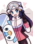  1girl :d beanie black_hair blue_eyes blush character_print commentary dawn_(pokemon) eyelashes gloves goggles goggles_on_headwear hair_ornament hairclip hat heart highres jacket long_hair long_sleeves looking_at_viewer open_mouth pants piplup pokemon pokemon_(game) pokemon_dppt sidelocks smile snowboard solo tongue touyarokii twitter_username v white_headwear zipper_pull_tab 