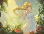  1girl alice_zuberg blonde_hair blue_eyes breasts closed_mouth dress hairband kiiro_kimi large_breasts long_hair looking_at_viewer medium_dress outdoors plant smile solo spaghetti_strap sundress sword_art_online very_long_hair white_dress white_hairband 