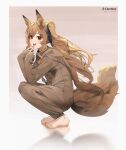 1girl :d absurdres animal_ears arknights artist_name bangs barefoot black_ribbon border brown_background brown_hair ceobe_(arknights) dog_ears dog_girl dog_tail eyebrows_visible_through_hair feet fingers_to_mouth from_side full_body gradient gradient_background hair_ribbon highres long_hair long_sleeves looking_at_viewer looking_to_the_side lufi_ays official_alternate_costume onesie ponytail red_eyes reflection ribbon sidelocks sleepwear sleeves_past_wrists smile solo squatting tail very_long_hair white_border 