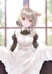  1girl :d animal_ears apron bell cat_ears charuma day dress grey_hair highres jingle_bell long_sleeves looking_at_viewer maid maid_apron original skirt_hold smile window 