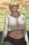  1girl abs annie_leonhardt artist_name black_pants blonde_hair blue_eyes breasts cloud crop_top crop_top_overhang cropped_hoodie day drawstring expressionless folded_ponytail hair_over_one_eye highres hood hoodie large_breasts long_sleeves looking_at_viewer midriff navel outdoors overcast pants revision sauvagex shingeki_no_kyojin short_hair solo white_hoodie wide_hips 