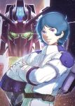  1boy blue_eyes crossed_arms glowing glowing_eyes green_eyes gundam hair_behind_ear kamille_bidan male_focus mecha parted_lips pilot_suit signature smile totthii0081 v-fin zeta_gundam zeta_gundam_(mobile_suit) 