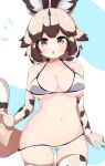  1girl :o african_wild_dog_(kemono_friends) african_wild_dog_print animal_ears berusa_(berutoo) bikini blue_background blush breasts brown_eyes chestnut_mouth cleavage cowboy_shot dog_ears dog_tail elbow_gloves flying_sweatdrops gloves grey_background highres kemono_friends large_breasts light_brown_hair looking_at_viewer multicolored_hair nose_blush open_mouth short_hair solo streaked_hair swimsuit tail thighhighs v-shaped_eyebrows 