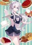  1girl absurdres animal_ears apron aqua_background arknights bacon bear_ears blue_dress blue_eyes blue_hair blue_headwear blush breast_pocket breasts burger cake cherry cleavage closed_mouth coffee_mug commentary_request cowboy_shot cream cup dai00888 dress food french_fries frilled_apron frills fruit heterochromia highres holding holding_tray ice_cream large_breasts long_hair looking_at_viewer mug multicolored_hair pink_hair pocket ponytail purple_eyes rosa_(arknights) short_dress short_sleeves sidelocks smile solo strawberry streaked_hair striped striped_background sundae toast tray two-tone_background very_long_hair waist_apron white_apron 