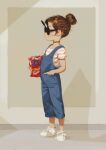  1girl alkemanubis bag_of_chips brown_hair child choker denim food glasses grey_background hair_bun hand_in_pocket highres holding holding_food looking_away original overalls shadow shirt shoes short_hair sneakers solo standing striped striped_shirt sunglasses 