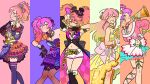 1girl collage dress feet_out_of_frame gyaru highres idol idolmaster idolmaster_cinderella_girls idolmaster_cinderella_girls_starlight_stage jennie_congee jougasaki_mika looking_at_viewer multicolored_background multiple_persona nail_polish off-shoulder_dress off_shoulder pink_hair ponytail pose side_ponytail straight_hair twintails 