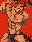  1boy abs bara briefs bulge chest_tattoo curled_horns dark-skinned_male dark_skin demon_boy demon_horns demon_tail flexing highres horns ifrit_(housamo) kirupi male_focus male_underwear muscular muscular_male navel nipples orange_eyes pointy_ears pose red_hair short_hair solo spiked_hair stomach tail tattoo tokyo_afterschool_summoners topless_male underwear underwear_only veins 