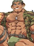  1boy abs bara bare_pectorals beard blush briefs bulge camouflage camouflage_shirt clothes_pull come_hither dark-skinned_male dark_skin dog_tail facial_hair goatee green_male_underwear grin hairy highres jewelry kirupi large_pectorals male_focus male_underwear mature_male muscular muscular_male navel necklace nipples open_clothes open_shirt panther_boy panther_ears pectorals pulled_by_self seductive_smile shirt shirt_pull short_hair sideburns smile solo spread_legs stomach tail thick_eyebrows thick_thighs thighs tokyo_afterschool_summoners underwear wood_wrestler_(housamo) 