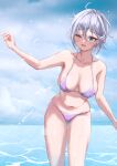  1girl ;d absurdres anastasia_(idolmaster) ass_visible_through_thighs bangs bare_arms bare_shoulders bikini blue_eyes breasts collarbone commentary_request day eyebrows_visible_through_hair groin hair_between_eyes halterneck highres horizon idolmaster idolmaster_cinderella_girls large_breasts navel ocean one_eye_closed outdoors pizzasi purple_bikini short_hair silver_hair smile solo standing string_bikini swimsuit thigh_gap water 
