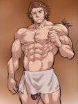  1boy abs bara brown_hair deliford feet_out_of_frame granblue_fantasy highres kirupi large_pectorals long_sideburns looking_at_viewer male_focus mature_male muscular muscular_male naked_towel navel nipples official_alternate_costume pectorals penis penis_peek sauna short_hair sideburns smile solo standing stomach sweat thighs topless_male towel wet 
