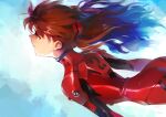  1girl bodysuit brown_hair commentary english_commentary hair_ornament hairpods interface_headset long_hair looking_away neon_genesis_evangelion optionaltypo pilot_suit plugsuit profile red_bodysuit solo souryuu_asuka_langley 