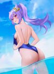  1girl ass back backless_swimsuit bare_arms bare_back bare_shoulders beach blue_sky blush breasts clothes_pull cloud cloudy_sky genshin_impact hair_ornament hairclip highres keqing_(genshin_impact) looking_at_viewer partially_submerged purple_eyes purple_hair sideboob sky smile solo standing swimsuit swimsuit_pull twintails yan_jin_qiu_daoyu 