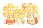  :&lt; :3 animal artist_name bee bisquii bug closed_mouth dog flying food honey honeycomb_(pattern) honeycomb_background marshmallow no_humans original painting_(medium) pastel_(medium) smile traditional_media watercolor_(medium) welsh_corgi wings 