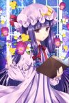  1girl bangs blue_bow blunt_bangs book bow crescent crescent_pin eyebrows_visible_through_hair flower hair_bow hat highres holding holding_book kirisita lips long_hair looking_at_viewer mob_cap open_book pajamas parted_lips patchouli_knowledge purple_eyes purple_hair red_bow solo touhou 