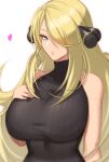  anima_(togashi) bare_shoulders black_nails black_sweater blonde_hair breasts commentary cynthia_(pokemon) grey_eyes hair_ornament hair_over_one_eye hand_on_own_chest heart highres large_breasts lips long_bangs long_hair looking_at_viewer parted_lips pokemon pokemon_(game) pokemon_dppt sleeveless sleeveless_sweater sweater turtleneck turtleneck_sweater upper_body very_long_hair 