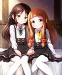  2girls :o ayase_midori bangs black_bow black_neckwear black_skirt blush bow braid brown_eyes brown_hair center_frills closed_mouth collared_shirt commentary_request feet_out_of_frame frills hair_bow holding_hands ichihara_nina idolmaster idolmaster_cinderella_girls interlocked_fingers long_hair long_sleeves multiple_girls pantyhose parted_bangs parted_lips red_bow shirt skirt striped striped_bow suspender_skirt suspenders tachibana_arisu very_long_hair white_legwear white_shirt yellow_neckwear 