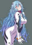  1girl absurdres alternate_hair_color arched_back ayanami_rei bangs blue_hair blush bodysuit breasts cowboy_shot evangelion:_3.0+1.0_thrice_upon_a_time expressionless from_side gradient_eyes gradient_hair grey_background hair_between_eyes hairpods half-closed_eyes highres interface_headset large_breasts light_blue_hair long_hair looking_to_the_side multicolored_eyes multicolored_hair neon_genesis_evangelion orange_eyes outline parted_lips pink_lips plugsuit purple_hair rebuild_of_evangelion red_eyes simple_background solo very_long_hair white_bodysuit white_hair yamashita_shun&#039;ya 