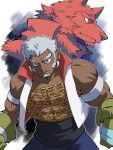  1boy animal_ears bara bare_shoulders dark-skinned_male dark_skin facial_hair feet_out_of_frame forest_ledoyen furry furry_male goatee grey_hair highres jacket kirupi large_pectorals male_focus mature_male muscular muscular_male open_clothes open_jacket pectoral_cleavage pectorals projected_inset short_hair sideburns solo tales_of_(series) tales_of_the_tempest thick_eyebrows wolf_boy wolf_ears 