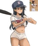  1girl alternate_costume asymmetrical_bangs bangs baseball_bat baseball_cap baseball_uniform black_hair brown_eyes clothing_cutout dark-skinned_female dark_skin dolphin_shorts earclip grin hair_ornament hairclip hat highres holding holding_baseball_bat ijiranaide_nagatoro-san long_hair midriff nagatoro_hayase navel one-piece_tan photo_inset rakeemspoon reference_inset short_shorts shorts simple_background smile solo sportswear stomach_cutout tan tanlines teeth white_background 