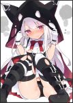  1girl azur_lane belt_boots blush boots caburi cape center_frills erebus_(azur_lane) frills gloves highres hood hooded_cape long_hair platform_boots red_eyes solo thighhighs torn_cape torn_clothes white_hair 