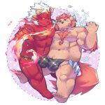  2boys abs arm_hair bara belly_to_belly black_male_swimwear blue_eyes blue_flower bulge bulge_press bulges_touching chernobog_(housamo) chest_hair colored_skin curled_horns dark_persona demon_boy demon_horns facial_hair fang flower full_body furry furry_male goatee hairy horns large_pectorals male_focus male_swimwear mature_male multiple_boys muscular muscular_male navel nipples no_pupils orange_hair pectoral_docking pectoral_press pectorals pink_fur plump red_skin selfcest short_hair sideburns sparkle stomach swim_briefs thick_eyebrows thick_thighs thighs tokyo_afterschool_summoners topless_male white_hair yaoi yunosuke 