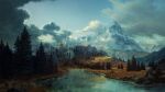  absurdres castle cloud dark_clouds forest grass highres mountain nature no_humans original philipp_urlich river scenery tower water 