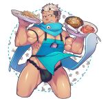  1boy apron bara black_male_underwear blue_apron blue_scarf blush bulge cropped_legs food fundoshi holding holding_tray horns japanese_clothes jiraiya_(housamo) male_focus male_underwear midriff_peek muscular muscular_male nipple_slip nipples no_pants no_shirt oni oni_horns pasta pectoral_cleavage pectorals scarf short_hair sideburns sidepec solo spaghetti thick_thighs thighs tokyo_afterschool_summoners tray undercut underwear white_hair yunosuke 