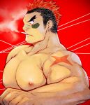  1boy alternate_pectoral_size bandaid bandaid_on_nose bara black_hair cigarette earrings forked_eyebrows frown jewelry kill_la_kill kinagase_tsumugu large_pectorals looking_at_viewer male_focus mohawk multicolored_hair muscular muscular_male nipples nude pectorals red_hair short_hair sideburns solo thick_eyebrows two-tone_hair yunosuke 