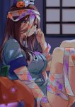  1girl bandages bare_legs blue_eyes blush breasts brown_hair commentary costume go-toubun_no_hanayome hair_between_eyes halloween halloween_costume hat highres long_hair medium_breasts memidesuyo nakano_miku nurse nurse_cap paint paint_splatter pumpkin solo 