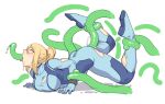  1girl all_the_way_through blonde_hair bodysuit breasts crying crying_with_eyes_open dyun large_breasts metroid mole mole_under_mouth ponytail samus_aran simple_background solo tears tentacle_sex tentacles tongue tongue_out torn_clothes white_background 