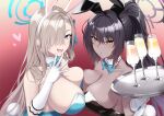  2girls animal_ears asuna_(blue_archive) bangs bare_shoulders black_hair black_leotard blue_archive blue_eyes blue_leotard blush breasts cleavage cup dark-skinned_female dark_skin detached_collar drinking_glass elbow_gloves fake_animal_ears gloves hair_over_one_eye halo highres karin_(blue_archive) large_breasts leotard light_brown_hair long_hair looking_at_viewer mku mole mole_on_breast multiple_girls open_mouth playboy_bunny ponytail rabbit_ears sidelocks smile tray white_gloves yellow_eyes 