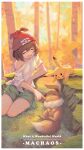  1girl :3 bangs beanie border brown_hair closed_eyes commentary_request day eevee grass green_shorts hat highres machaos off-shoulder_shirt off_shoulder open_mouth outdoors pikachu pokemon pokemon_(creature) pokemon_(game) pokemon_sm poking red_headwear selene_(pokemon) shirt short_sleeves shorts sitting tied_shirt tree white_border 