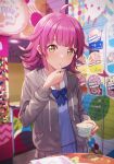  1girl ahoge bangs birthday blue_bow blue_bowtie blue_shirt blue_skirt blunt_bangs blush bow bowtie commentary eyebrows_visible_through_hair food grey_jacket happy_birthday holding holding_spoon hood hooded_jacket ice_cream ice_cream_cup jacket looking_at_viewer love_live! love_live!_nijigasaki_high_school_idol_club open_clothes open_jacket pen_in_pocket pink_hair shamakho shirt short_hair skirt solo spoon tennouji_rina yellow_eyes 