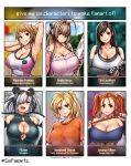  6+girls absurdres amagi_brilliant_park animal_ears annabeth_chase antenna_hair arknights armpits arms_behind_head bangs bare_shoulders black_bra black_gloves black_hair blonde_hair blue_eyes blurry blurry_background blush bra breasts brown_eyes brown_hair character_name china_dress chinese_clothes cleavage cleavage_cutout clothing_cutout copyright_name dangle_earrings dragon_quest dragon_quest_viii dress earrings elbow_gloves english_text erkaz eyewear_on_head fang feater_(arknights) final_fantasy final_fantasy_vii fingerless_gloves frilled_shirt frills gloves grey_hair gundam gundam_build_fighters gundam_build_fighters_try hair_over_one_eye highres hoshino_fumina jacket jessica_albert jewelry large_breasts long_hair multicolored_hair multiple_girls off_shoulder open_mouth orange_hair orange_shirt panda_ears panda_girl parted_lips percy_jackson_and_the_olympians pink_jacket ponytail print_shirt red_eyes sento_isuzu shirt short_sleeves six_fanarts_challenge smile sunglasses swept_bangs tank_top tifa_lockhart twintails two-tone_hair underwear upper_body white_tank_top 
