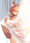  1girl animal_ear_fluff animal_ears bangs blush breasts collarbone completely_nude curtains fate/extra fate_(series) female_pubic_hair fox_ears fox_girl fox_tail hair_over_shoulder highres large_breasts long_hair looking_at_viewer nude pink_hair pubic_hair smile solo tail tamamo_(fate) tamamo_no_mae_(fate/extra) thighs wisespeak yellow_eyes 