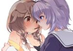  2girls ahoge animal_ears bare_shoulders blush braid brown_eyes brown_hair cat_ears cat_girl commentary dog_ears dog_girl eye_contact eyebrows_visible_through_hair face-to-face food food_in_mouth fujisaki_hikari highres hololive inugami_korone lips looking_at_another mouth_hold multiple_girls nekomata_okayu pocky pocky_day pocky_kiss purple_eyes purple_hair sailor_collar shared_food simple_background sweat sweating_profusely twin_braids virtual_youtuber white_background yuri 