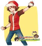  2boys :d arrow_(symbol) bangs border brown_eyes brown_hair brown_shirt clenched_hand commentary_request cosplay hilbert_(pokemon) holding holding_poke_ball lower_teeth male_focus multiple_boys open_mouth outstretched_arm pants poke_ball poke_ball_(basic) pokemon pokemon_adventures red_(pokemon) red_(pokemon)_(cosplay) shirou_(shiro_uzr) shirt short_hair short_sleeves sleeveless sleeveless_jacket smile teeth tongue translation_request white_border wristband 