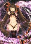  black_panties blush breasts brown_eyes brown_hair crop_top detached_sleeves eyebrows_visible_through_hair feathers garimpeiro highres holding holding_scythe long_hair medium_breasts midriff moon navel open_mouth original panties revealing_clothes scythe thighhighs twintails underboob underwear very_long_hair 