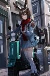  1girl amiya_(arknights) amiya_(fresh_fastener)_(arknights) animal_ears arknights brown_hair building eyebrows_visible_through_hair frilled_skirt frills full_body ground_vehicle hair_between_eyes highres knees_together_feet_apart lamppost looking_at_viewer motor_vehicle official_alternate_costume open_mouth rabbit_ears rabbit_girl red_neckwear scarf scooter short_hair skirt solo standing the_olphy thighhighs white_legwear window 