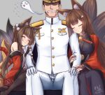  1boy 2girls amagi-chan_(azur_lane) amagi_(azur_lane) animal_ear_fluff animal_ears azur_lane black_kimono blood blood_from_mouth breasts brown_hair brown_tail clenched_teeth closed_eyes coat commander_(azur_lane) commentary_request fox_ears fox_girl fox_tail giving_up_the_ghost hat hime_cut holding_another&#039;s_arm japanese_clothes kimono long_hair medium_breasts military military_hat military_uniform multiple_girls multiple_tails naval_uniform nosebleed peaked_cap red_coat sakuramon short_eyebrows sitting tail teeth translation_request uniform waa!_okami 