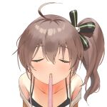  1girl ahoge bangs bare_shoulders blush brown_hair closed_eyes collarbone eyebrows_visible_through_hair facing_viewer food hair_ribbon hololive incoming_pocky_kiss mouth_hold natsuiro_matsuri off_shoulder one_side_up pocky pocky_day pov ribbon solo twin_(tt_lsh) virtual_youtuber 