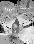  3boys absurdres bangs blush calamitail choker erection grabbing greyscale headphones headphones_around_neck highres horns lee_(punishing:_gray_raven) licking licking_lips looking_at_viewer male_pubic_hair monochrome multiple_boys nipples pectoral_grab pectorals penis pov pubic_hair punishing:_gray_raven self_fondle short_hair tongue tongue_out uncensored yaoi 